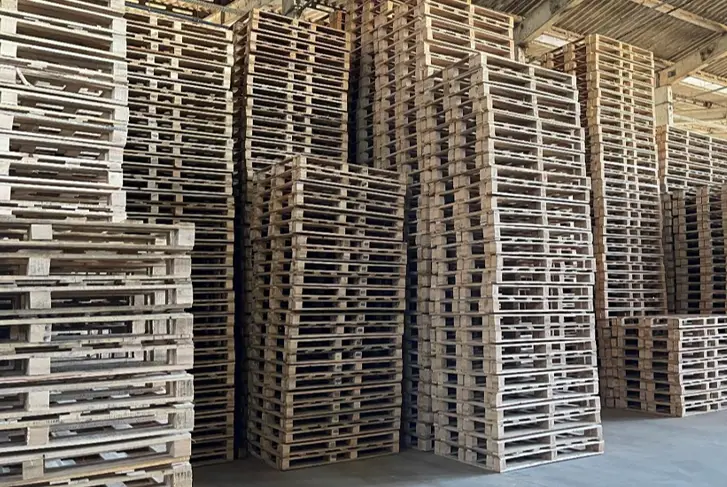 Galpão com muitos pallets de madeira empilhados